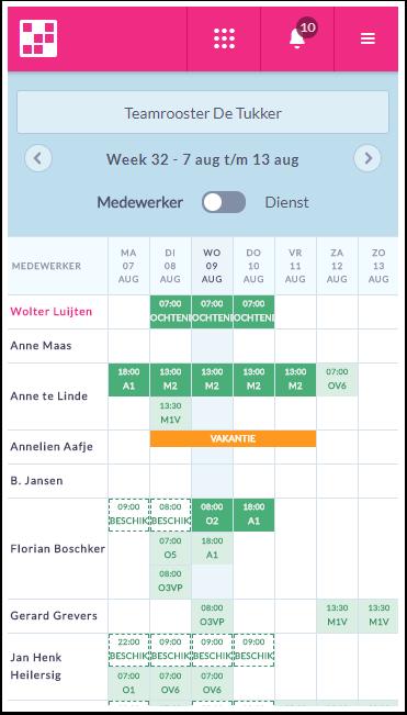 Ik wil weten wanneer en waar mijn collega's werken Door te gaan naar het Teamrooster en vervolgens het team te selecteren, kan je een tabel zien met het rooster voor deze week waarin per medewerker