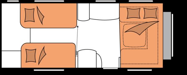 900 mm Aantal slaapplaatsen (volwassenen / kinderen) 4 Bedmaat voorzijde (lengte x breedte) 2.150 x 1.454 / 1.431 mm Bedmaat achterzijde (lengte x breedte) 1.985 x 876 / 1.