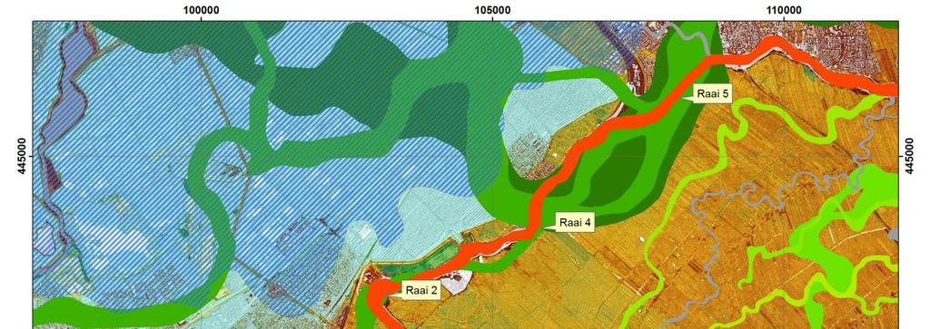 Figuur 2.1 Overzicht van het studiegebied met de ligging van de raaien. De Hollandse IJssel wordt aangegeven door de rode meanderende slinger.