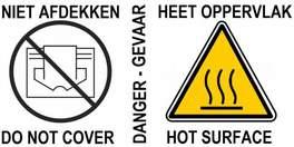 2 NL Deze symbolen op uw apparaat betekenen: niet afdekken gevaar heet oppervlak! EN These symbols on your device mean: do not cover danger hor surface!