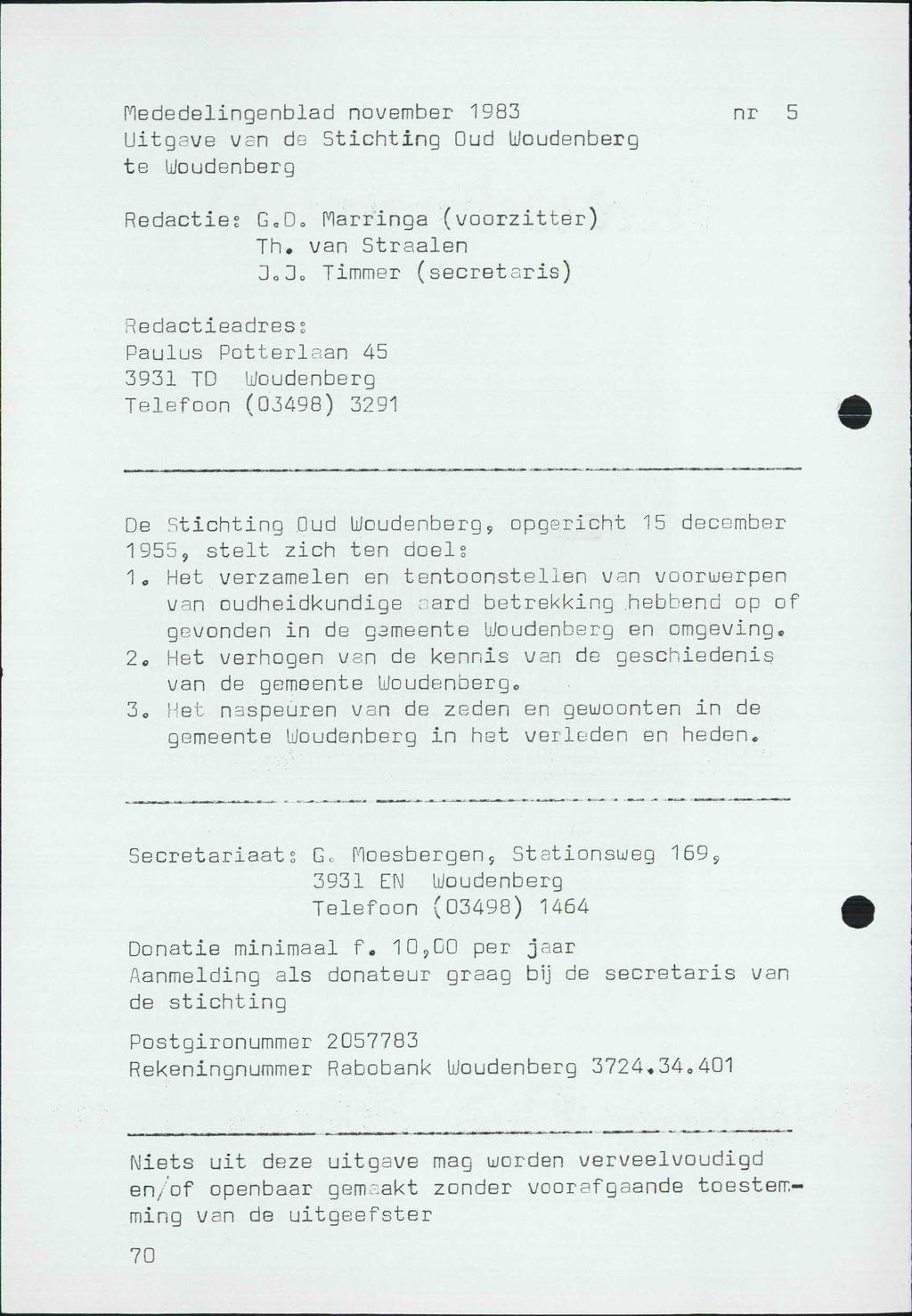 Mededelingenblad november 1983 Uitgave ven de Stichting Oud Woudenberg te Woudenberg nr Redactie? G D» Marringa (voorzitter) Th.