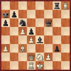 Justus van Klaveren, met zwart, won met een mooie combinatie van Colin Wouters. In onderstaande stelling heeft Colin zojuist 34.Txh8? gespeeld. Justus speelde 34...gxf2+ en er werd opgegeven (35.