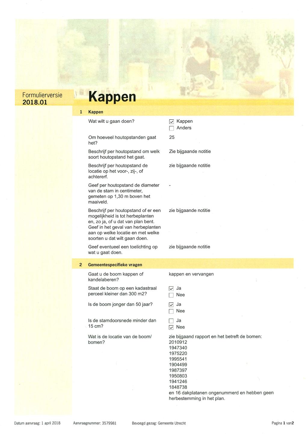 Formulierversie 2018.01 Kappen 1 Kappen Wat wilt u gaan doen? Om hoeveel houtopstanden gaat het? Beschrijf per houtopstand om welk soort houtopstand het gaat.