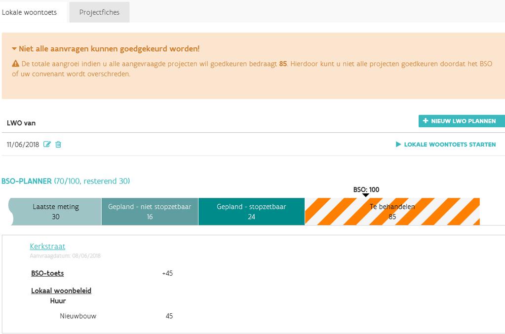 1.7.2 Lokale woontoets uitvoeren, onvoldoende ruimte binnen de BSO-planner/ Convenant Bij het overschrijden van het saldo van het BSO of het convenant, ziet u het volgende scherm: U start de lokale