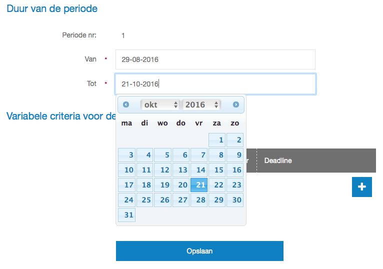 Als eerst geven we de startdatum en de einddatum van de periode op. Zodra u in een datumvakje klikt, ontstaat er een kalender. Ook kunt u de data typen met het format: dd-mm-yyyy.