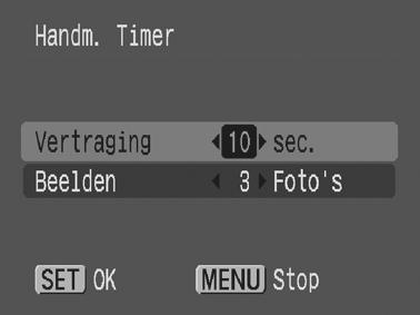 2 [Vertraging]/[Opnamen] wijzigen. Het geluid van de zelfontspanner doet het volgende: - Het geluid van de zelfontspanner begint 2 sec. voordat de ingestelde vertraging voorbij is.