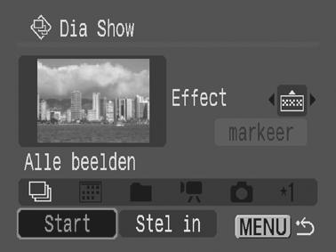 3 Selecteer [Start] en druk op. Tijdens de diashows zijn de volgende functies beschikbaar. - De diashow onderbreken/ hervatten: druk op de knop FUNC./SET.