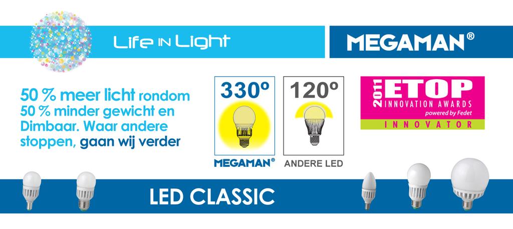 LED CLASSIC 330 graden Door het toepassen van deze gepatenteerde Flat-TCH techniek voor de LED-lamp ter vervanging van de gloeilampen is een unieke productlijn ontstaan met specifieke eigenschappen