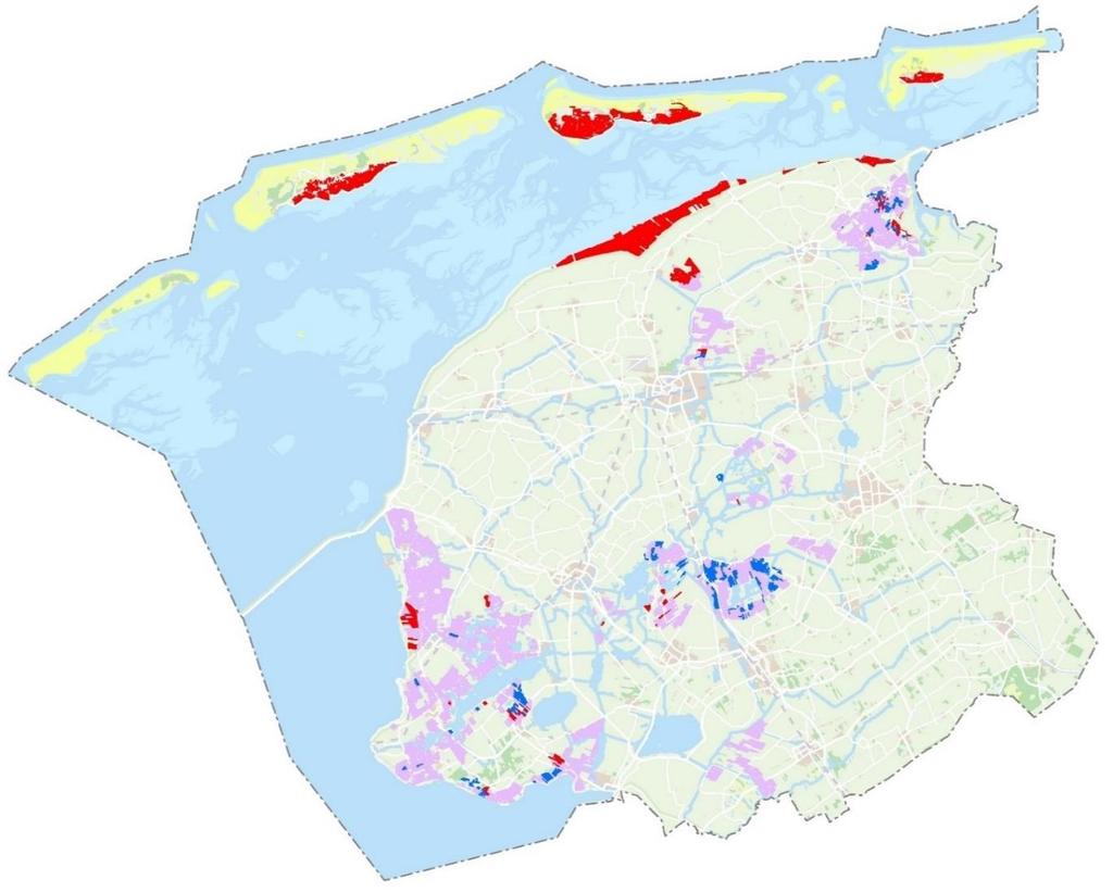 Figuur 2. Foerageergebieden ganzen in de winterseizoenen 2014/15 en 2015/16 (algemene foerageergebieden in paars, en soortspecifieke foerageergebieden in blauw (april) of rood (april en mei).