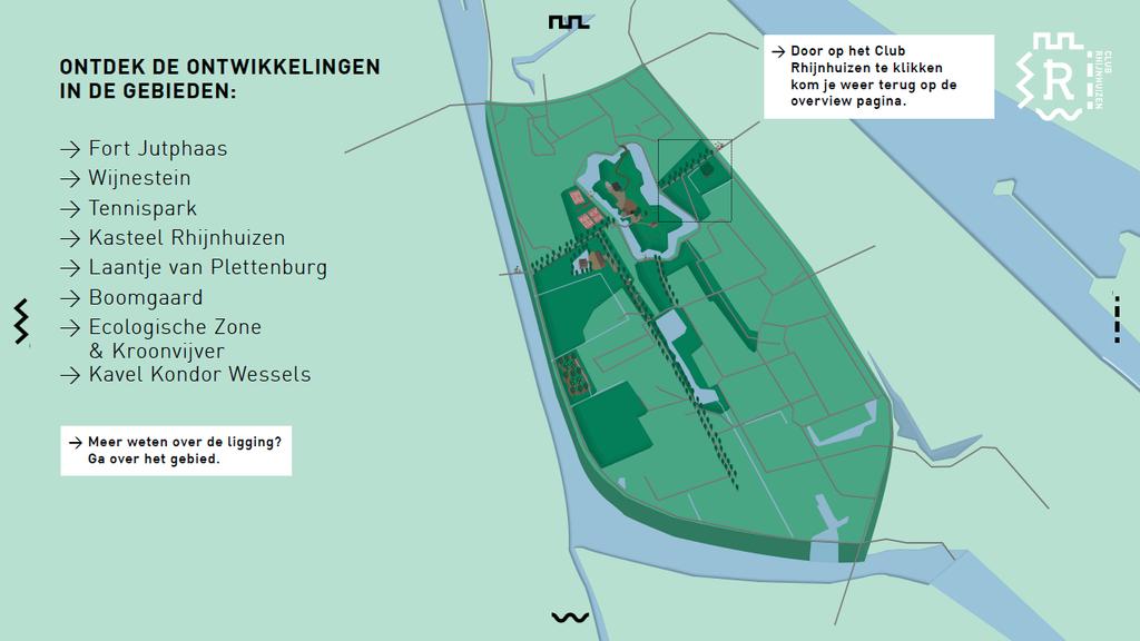 Concept kaart Park Rijnhuizen Deze plekken rondom het fort in combinatie met het kasteel dat een meer openbaar karakter gaat krijgen, de boomgaard, de ecologische zone en parkstrook langs het