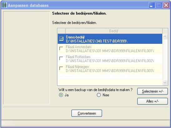 Databaseconversie Kiest men ja, dan verschijnt onderstaand scherm, en kan het bedrijf geconverteerd worden, al dan niet met back-up.