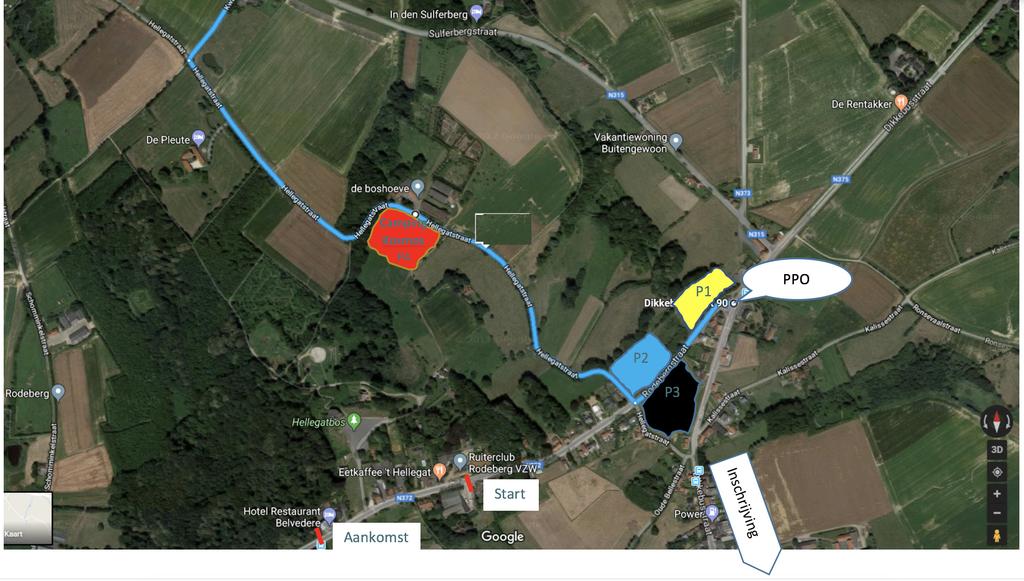 P1 Parking deelnemers/ploegen zaterdag (geel) P2 Parking deelnemers/ploegen zondag (blauw) P3 Parking publiek (zwart) P4 Camping Kosmos (rood) P5 Publiek (niet op de kaart) (wit) P6 Alternatief,