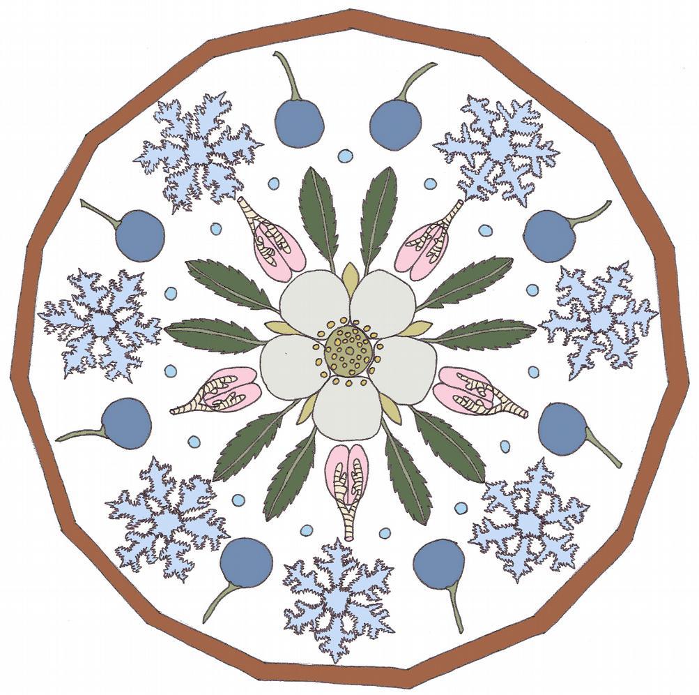 Sleedoorn Prunus spinosa In bovenstaande mandala zijn de kenmerken van Sleedoorn symbolisch weergegeven. De opbouw van de mandala is enigszins gelijk als de mandala van de rozenfamilie.