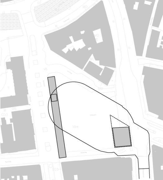 2 Plein met in-en uitgangsgebouw rechts (oostzijde), en links (westzijde) de nooduitgang, opgenomen in het Janus-gebouw (tekening Mulder Van Tussenbroek ) afb.
