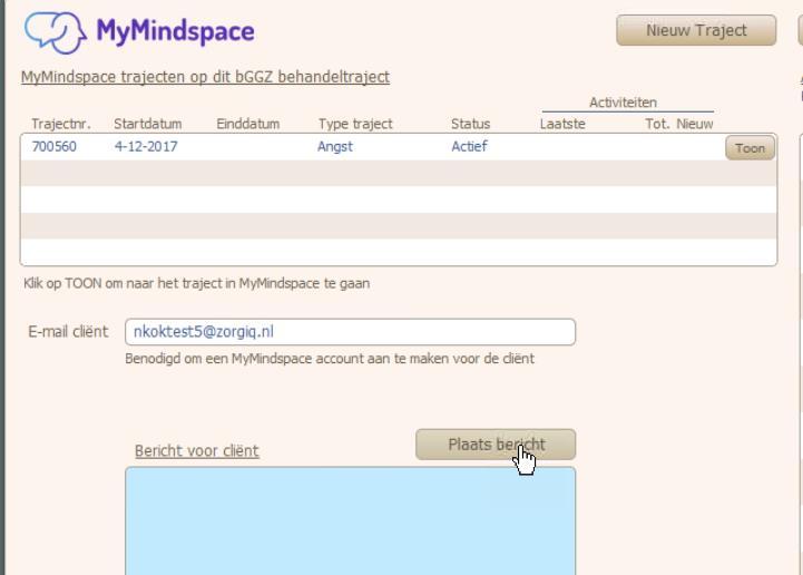 Status checken / nieuwe activiteiten ophalen van een specifiek traject 1. Ga naar het tabblad MyMindspace in het behandeltraject, de DBC of bij de cliëntgegevens. 2. Klik op 'Check status'.