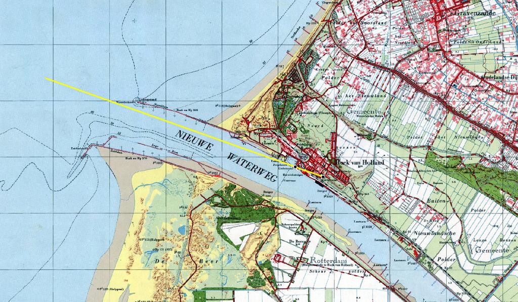 Een kaart van de Nieuwe Waterweg uit 1950, met daarop ingetekend de inkomende lichtenlijn van Hoek van Holland.