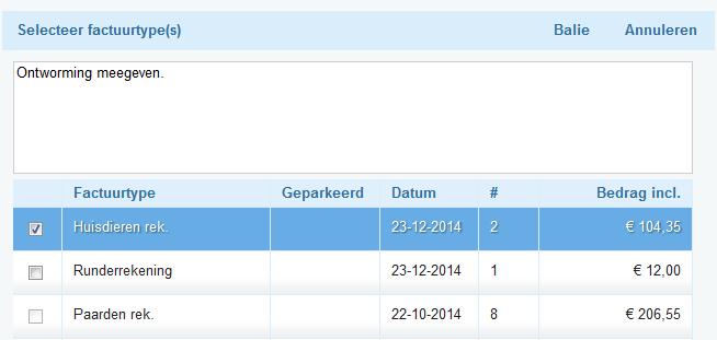 Onderstaand scherm wordt geopend. U kan hier de facturen selecteren die u wilt doorsturen naar de balie.