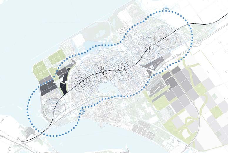 Figuur 9 Bestaande as In de bestaande stad worden 5.000 extra woningen toegevoegd binnen de directe omgeving van bestaande stations (binnen 1.200m). Almere krijgt hiermee een meer compacte invulling.