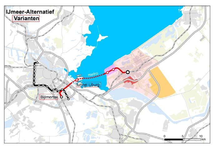 Variant 2 Bijlmertak De Bijlmertak (ca 3 km lang nieuw metrospoor) maakt mogelijk dat een deel van de IJmeermetro s direct naar het station Bijlmer Arena kunnen rijden en wordt verder onderzocht.