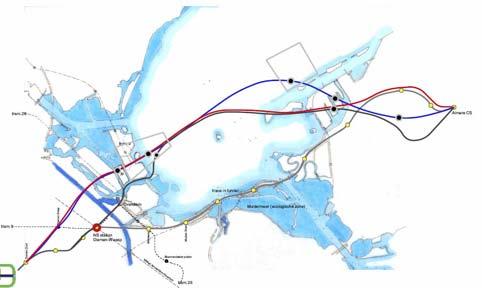 Figuur 2: Het voorstel van de Stichting Almere Bereikbaar Bestemming Amsterdam Zuid of Amsterdam Centraal In de optimalisering van de IJmeerverbinding is als vertrekpunt gekozen dat er een verbinding