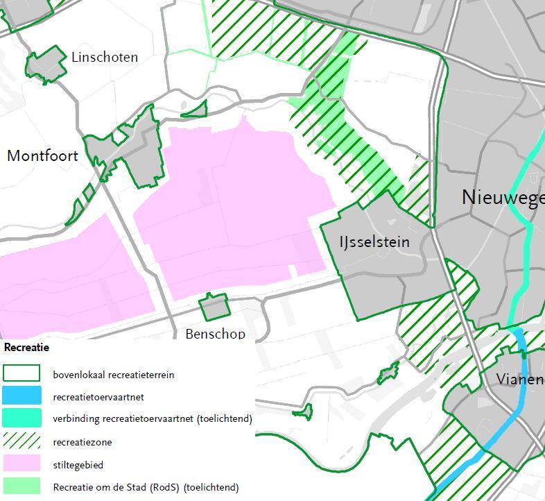 Figuur 7.1 Uitsnede kaart recreatie PRV. Stiltegebieden In de provincie Utrecht zijn 13 stiltegebieden aangewezen. In deze gebieden wordt de rust die aanwezig is gehandhaafd.