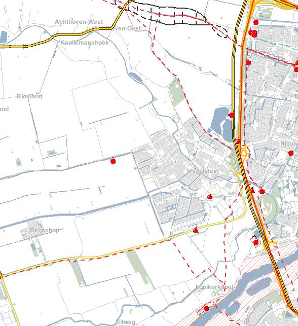 5 A2: transport gevaarlijke stoffen; 6 Aardgasleiding (defensie pijpleiding organisatie); 7 Benzinestation LPG (Total Oudesteijn); 8 Benzinestation LPG (Terberg tankstations); 9 Benzinestation LPG;