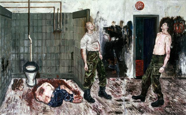 (a) Ronald Ophuis, Execution, 1995 (b) Rirkrit Tiravanija: Koken voor mensen Figuur 4: Shock Art? Verf op een canvas (Zie fig. 4a). Een foto (van een werkelijke situatie). (Zie fig. 3b).