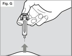 Als u na het inbrengen van de naald de zuiger niet naar beneden kunt drukken, dan moet u de voorgevulde spuit weggooien in een naaldencontainer en een nieuwe voorgevulde spuit gebruiken (begin