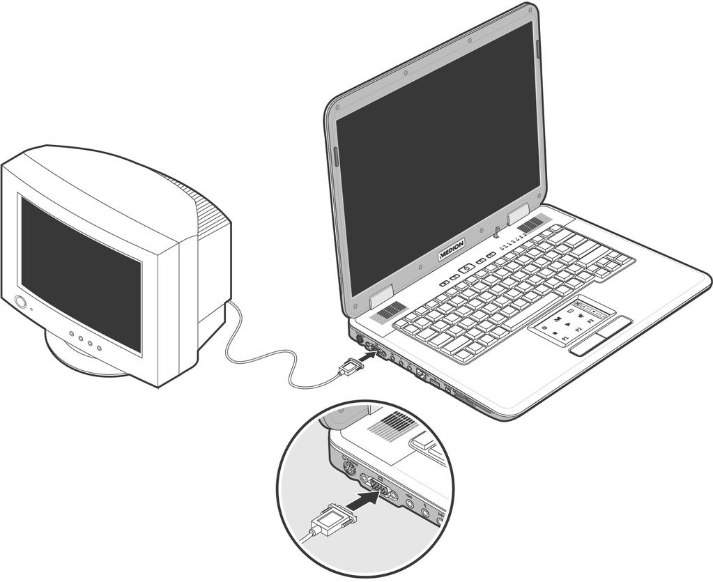 Externe monitor aansluiten Het Notebook beschikt over een VGA-aansluitpoort (11) voor een externe monitor. 1. Sluit uw notebook af zoals voorgeschreven. 2.