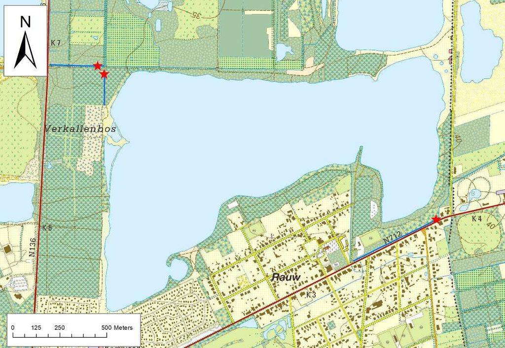 Figuur 51. Potentieel geschikte paailocaties voor kopvoorn (rode sterren) in de taplopen van het Kanaal naar Beverlo (Mol, Rauw). 3.