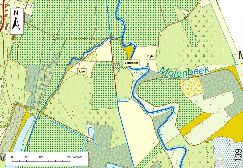 startpunt van het beviste traject in de Leigracht bevond zich ter hoogte van de aantakking. Het traject eindigde waar een beverdam de doorgang blokkeerde. Figuur 53.