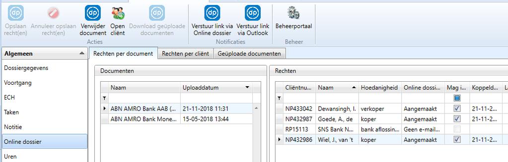 1 Rechten toekennen U komt vervolgens terecht in [Online dossier) en hier kunt u de rechten toewijzen aan de cliënten naar wie u het/de document(en) wenst te versturen.