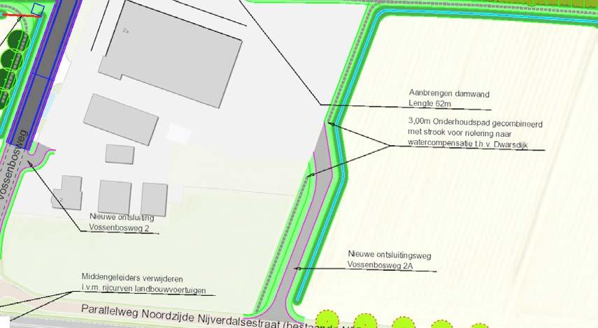 Figuur 8.4 Kaart met dezone voor het buizenstelsel nabij Vossenbosweg 2. Het onderhoudspad kan hier gecombineerd worden met de strook voor riolering richting waterberging t.h.v. Dwarsdijk. Tabel B2.