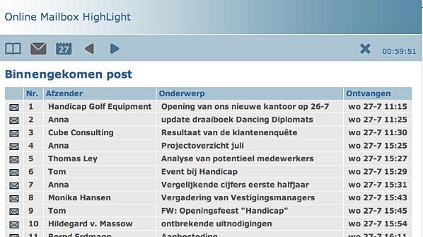 WERKEN MET HIGHLIGHT Inbox Nadat de oefening gestart is, krijgt u eerst de InBox van uw mailprogramma te zien met daarin de binnengekomen post. E-mails kunt u openen door ze aan te klikken.