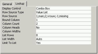 Voor niet-gecodeerde velden blijft dit tabblad nagenoeg leeg: alleen het eerste vak is ingevuld met Tekstvak (Text Box). Datum/Tijd velden zijn niet te coderen.