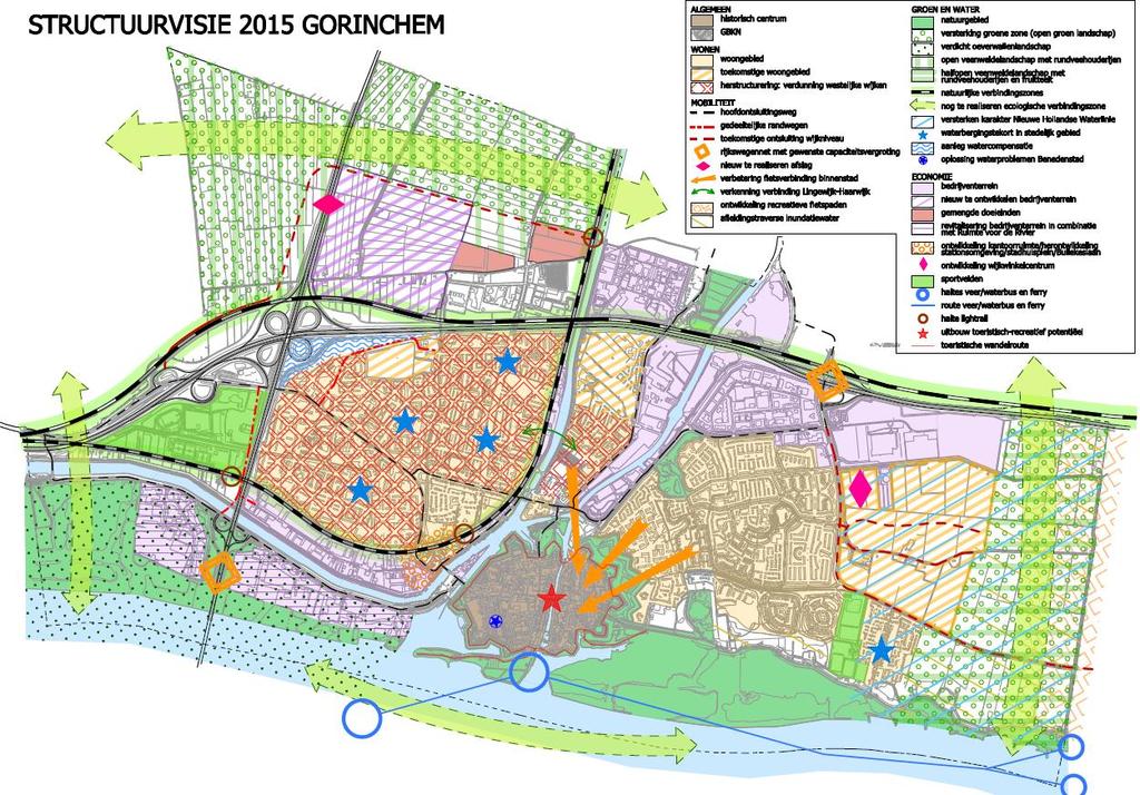 Figuur 3-1 Uitsnede plankaart structuurvisie Gorinchem met legenda Onderdeel van de structuurvisie is het revitaliseren van de bedrijventerreinen van Gorinchem langs de Merwede.