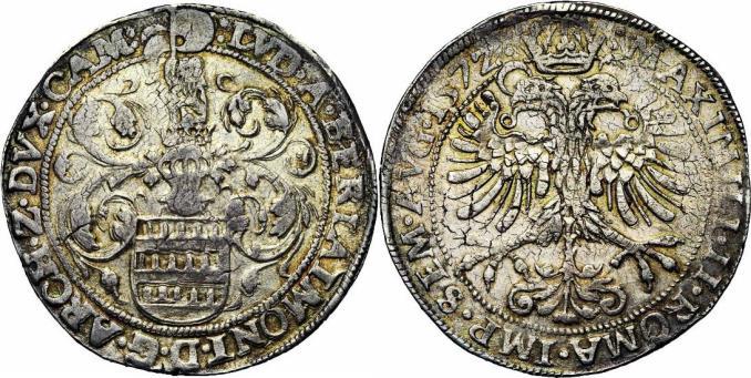 Lodewijk van Berlaymont: 1542, Berlaimont - 1596, Bergen Kamerijkse munt uit 1572 met wapenschild Lodewijk van Berlaymont en Habsburgse adelaar Lodewijk