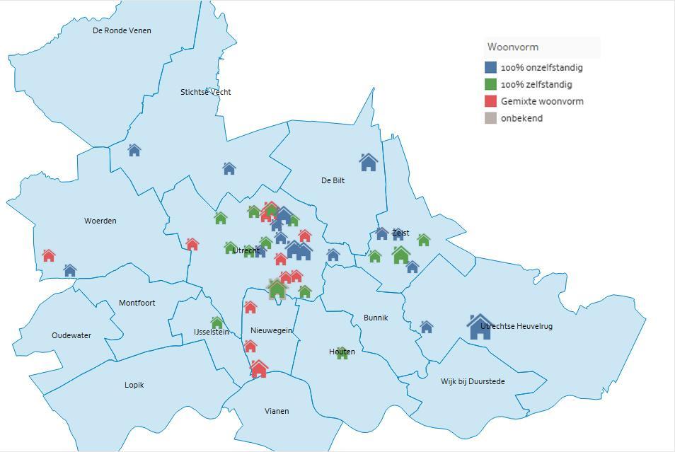 Figuur 18 toont de spreiding van type locaties (zelfstandig wonen, onzelfstandig wonen of een combinatie) over de regio.