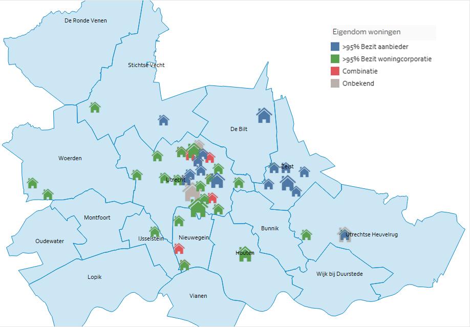 Figuur 21 toont de kaart van de regio met daarop de spreiding van de locaties/teams, gesplitst naar woningen in bezit van de aanbieder, van de