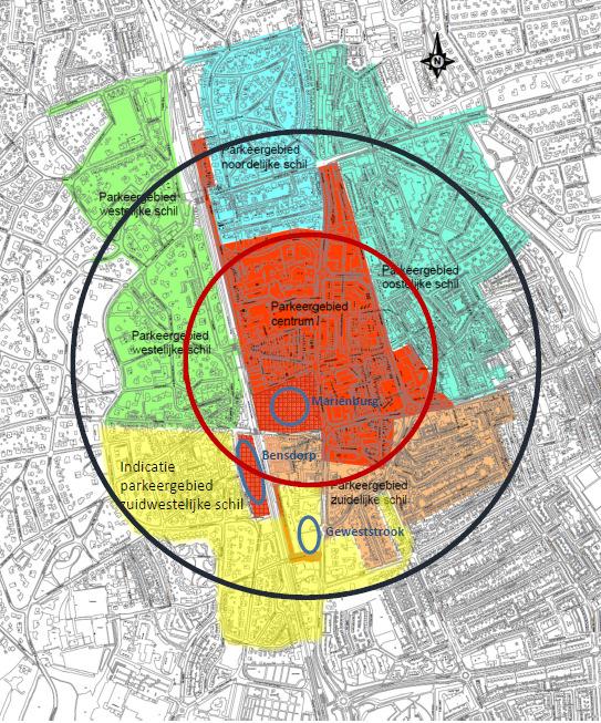 4 Indicatief voorstel begrenzing In onderstaand kaartje is een indicatief integraal voorstel opgenomen voor parkeerregulering in het zuidwestelijke kwadrant.