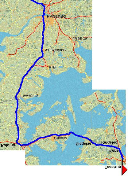 Route 1 via Støre Belt brug (vanaf Hamburg) Deze routebeschrijving pakt de route op vanaf