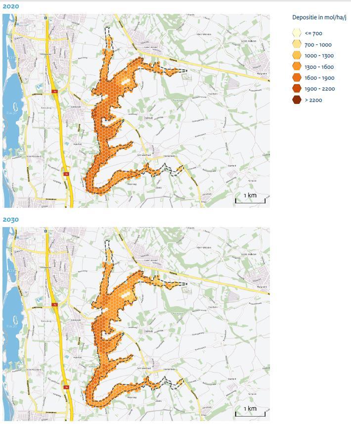 Figuur 3.3 Ruimtelijke verdeling van de stikstofdepositie in de Zeldersche Driessen in 2020 en 2030, weergegeven per hexagoon (AERIUS Monitor 2014.2.1).