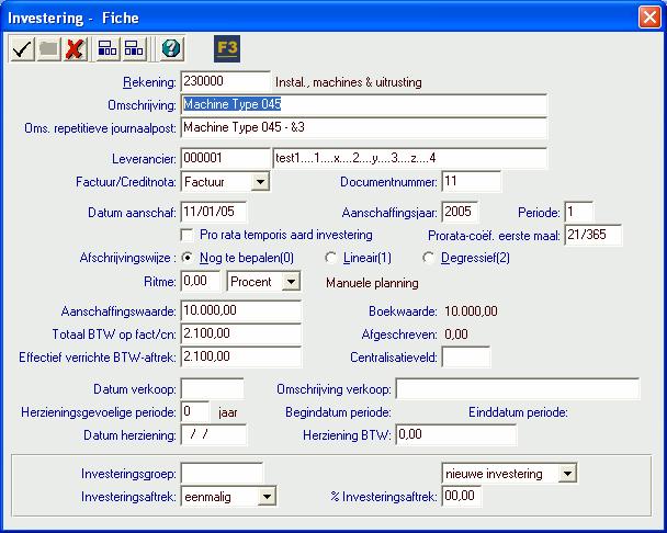 Als u al de investeringsfiche heeft aangegeven zoals in 2.3.2. Investeringsrekeningen, zal het veld Investering al aangevinkt zijn.
