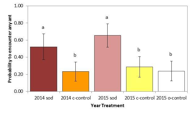 Ants GLMM: binomial error distribution with logit link (and Sidak test) Myrmica scabrinodis Year * Treatment *** Year*treatment * Myrmica spec.