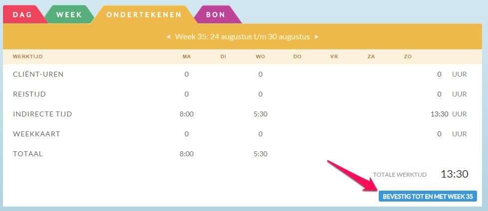 4. Bon Als laatste tabblad vind je de bon. Op de bon vind je een totaal overzicht van jouw uren per week.