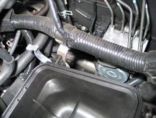 Carefully expand the flexi cold air hose & feed the cold air hose down past the front of the engine to the underside of the vehicle.