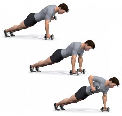 Plank row - DBs Bovenrug - Biceps, Brede rugspier, Achterkant schouders Coach notitie: Zes keer aan beide kanten. Vrij pittig.