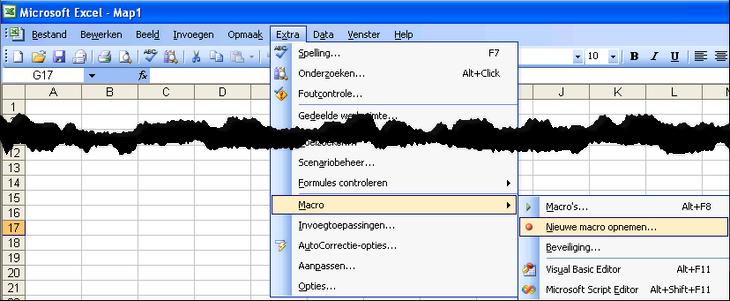 Open Excel met een leeg werkblad, klik 'Extra'-'Macro'-'Nieuwe macro opnemen'