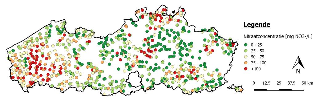 Figuur 1-1: Ruimtelijke spreiding van maximaal gemeten nitraatconcentratie (boven), nettoproductie stikstof door varkens (midden) en serres met teelt op groeimedium (onder) Deze correlaties zijn