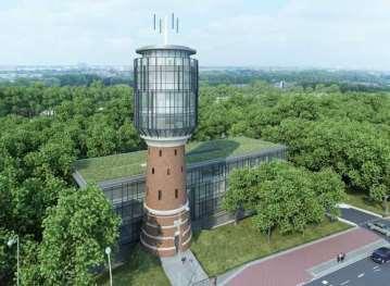 De watertoren van Bussum uit 1897 is heringericht als duurzaam kantoor, met een gedeelte nieuwbouw.